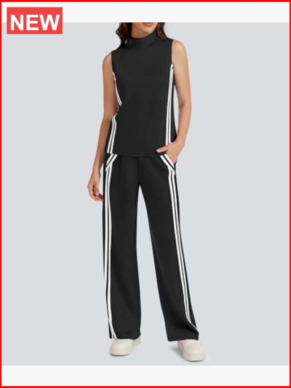 Women's 2 Piece Lounge Set Stripes Mock Neck Tank Top Wide Leg Pants Sweatsuit - Picture 3 of 7